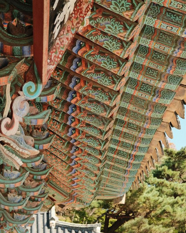 Dancheong painted eaves of a Korean temple roof